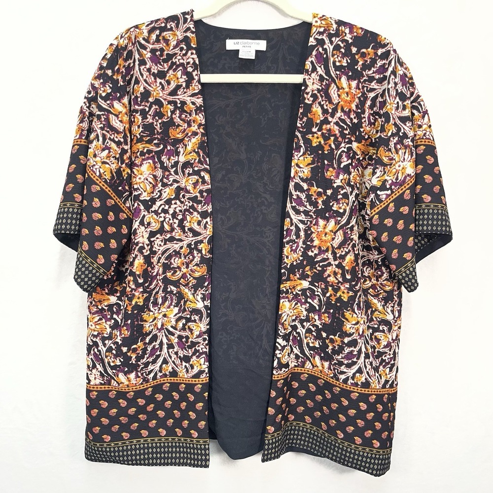 Liz Claiborne Open Front Kimono Womens Petite S/M Fall Floral AOP Lightweight